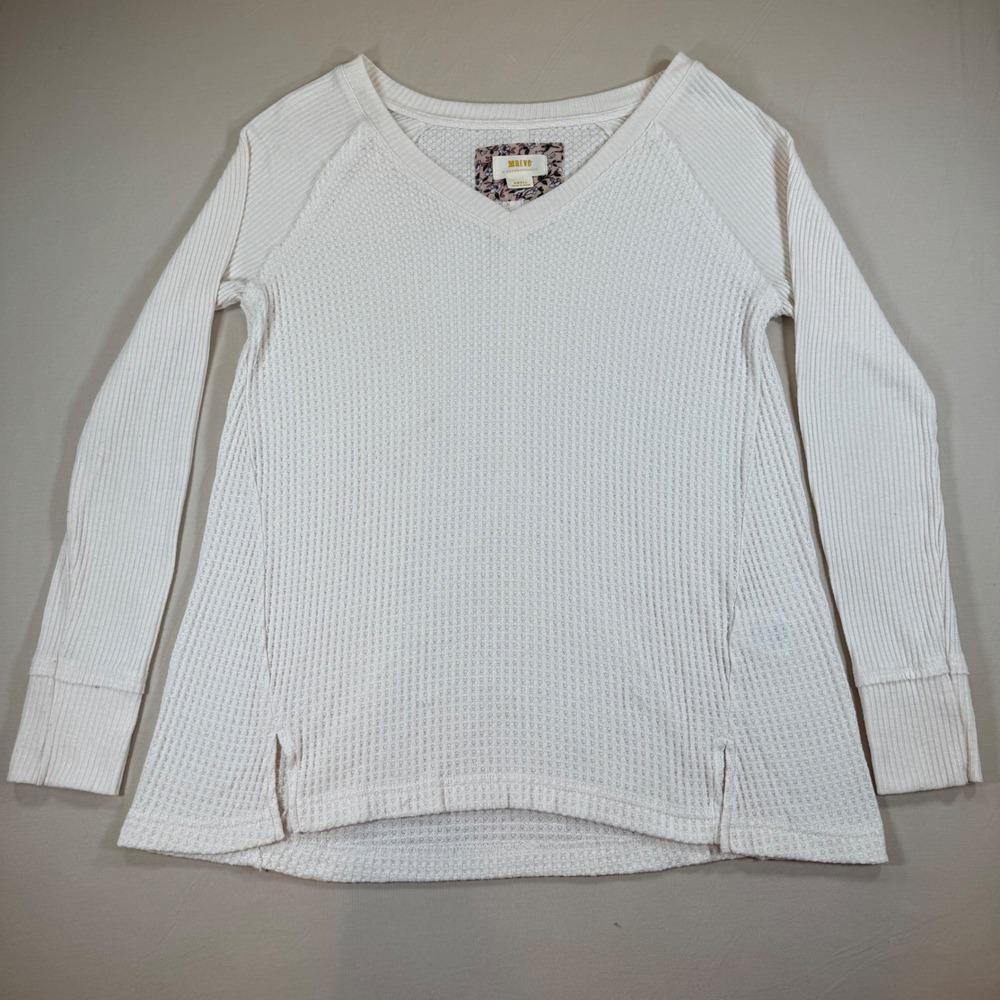 Maeve Anthropologie Ivory Waffle Knit V-Neck Top Small Ribbed Mixed Media Shirt